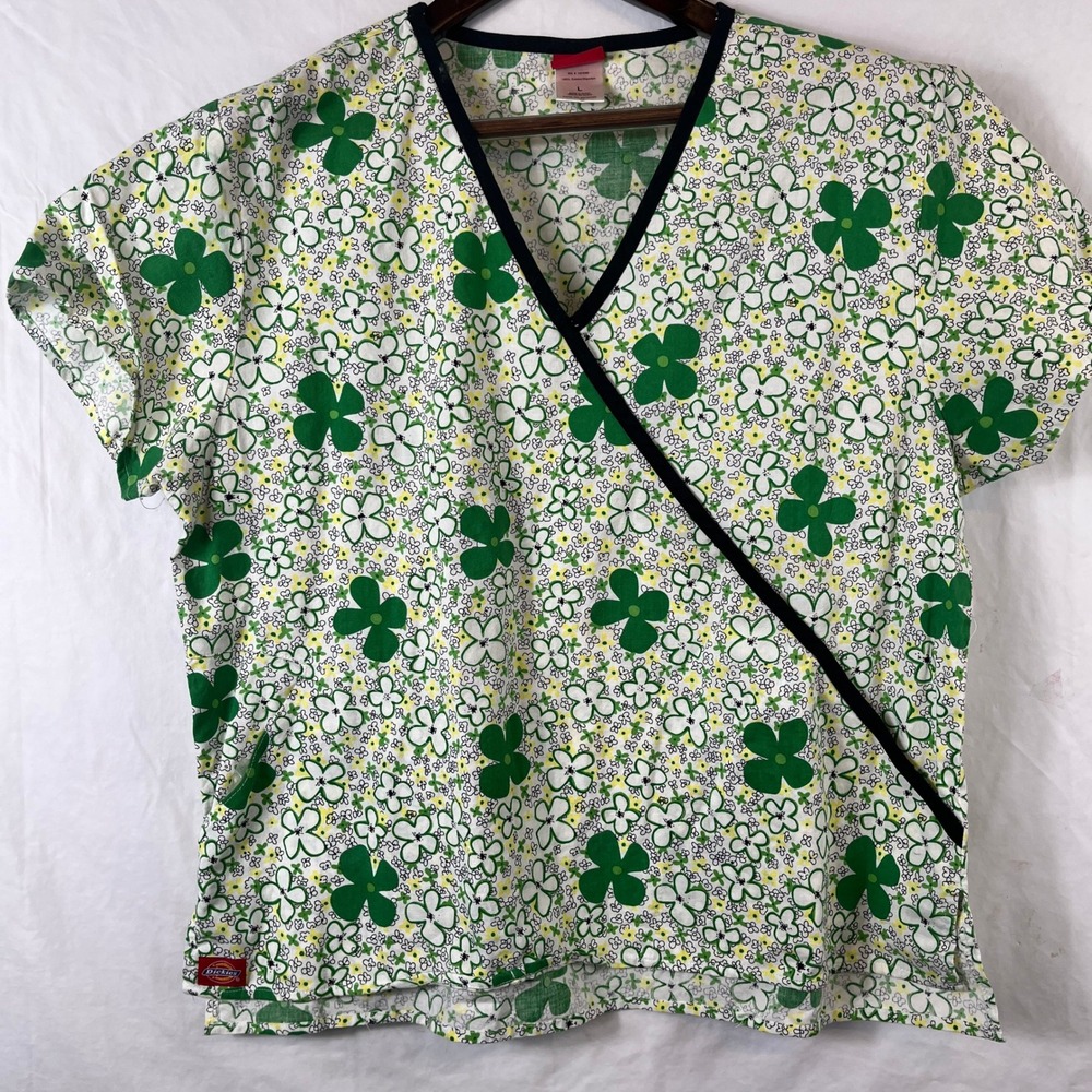 Dickies L Floral Print Scrub Top White Green Mock Wrap Medical Nurse Flowers